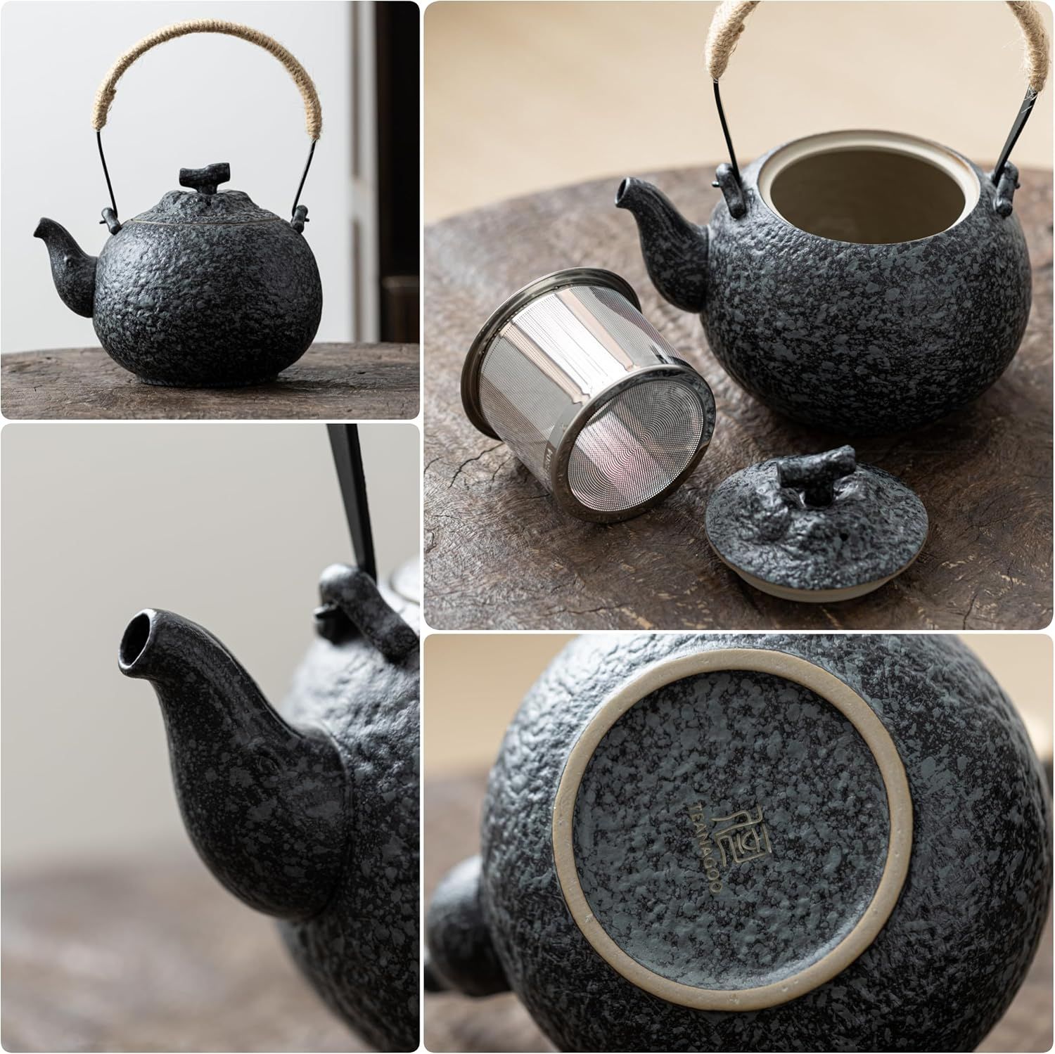 TEANAGOO Service à thé japonais complet avec plateau, gris anthracite, service à thé en porcelaine de Chine, 1 théière (700ml/25oz) + 6 tasses à thé (205ml/7.2oz),U1, plateau à thé avec