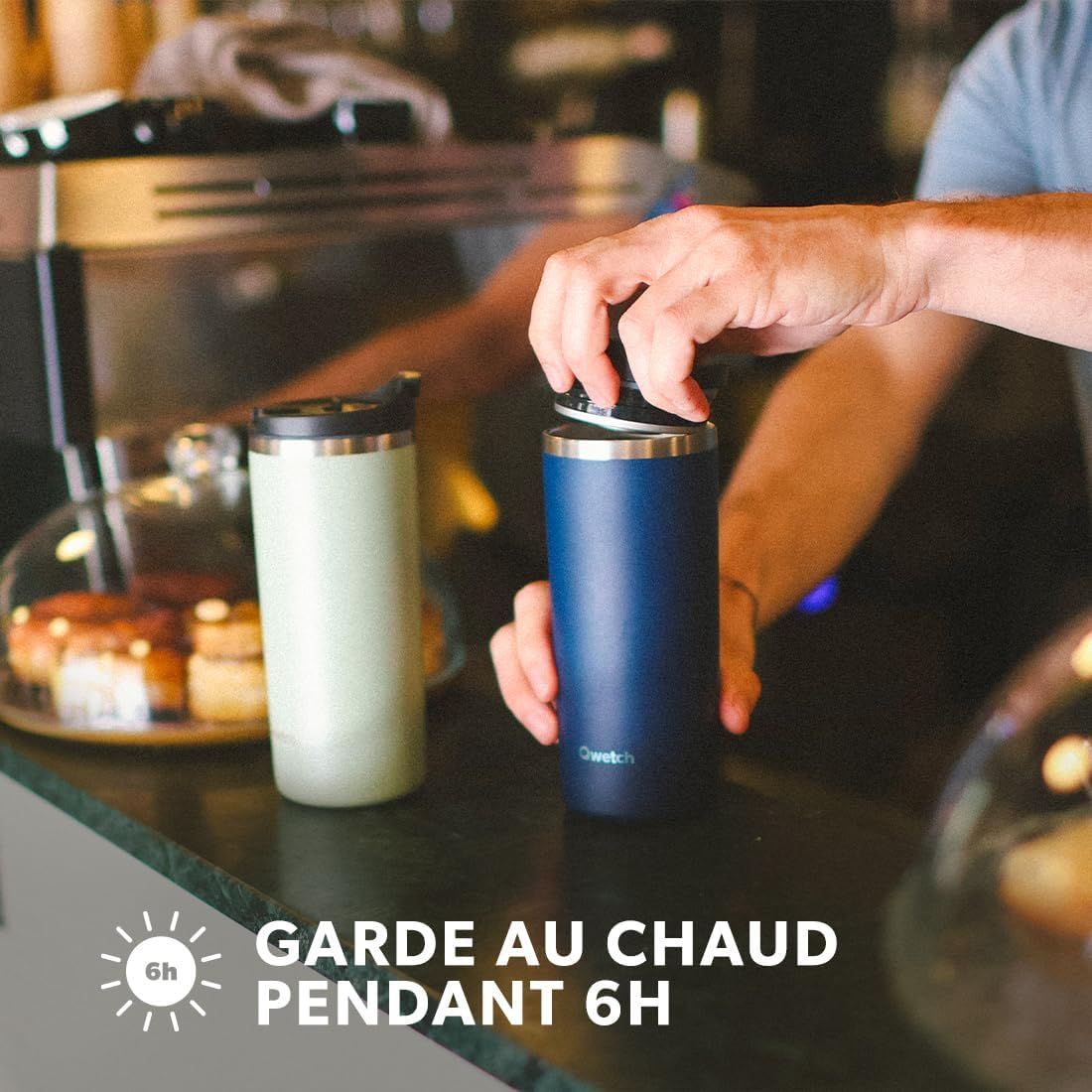 QWETCH - Travel Mug Isotherme - Anémones 470ml - Thermo Café & Thé en Inox - 6h Chaud et 12h Froid - Étanche, Mug de voyage