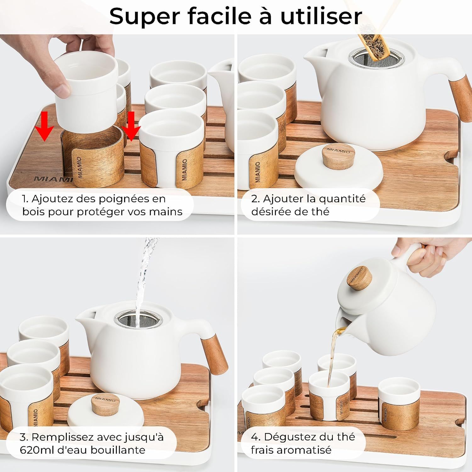 MIAMIO - Ensemble 6 x 100 ml de thé japonais/chinois/Théière asiatique 620 ml avec infuseur de thé, ensemble de tasses à thé japonaises traditionnelles pour les amateurs de th��/hommes/femmes