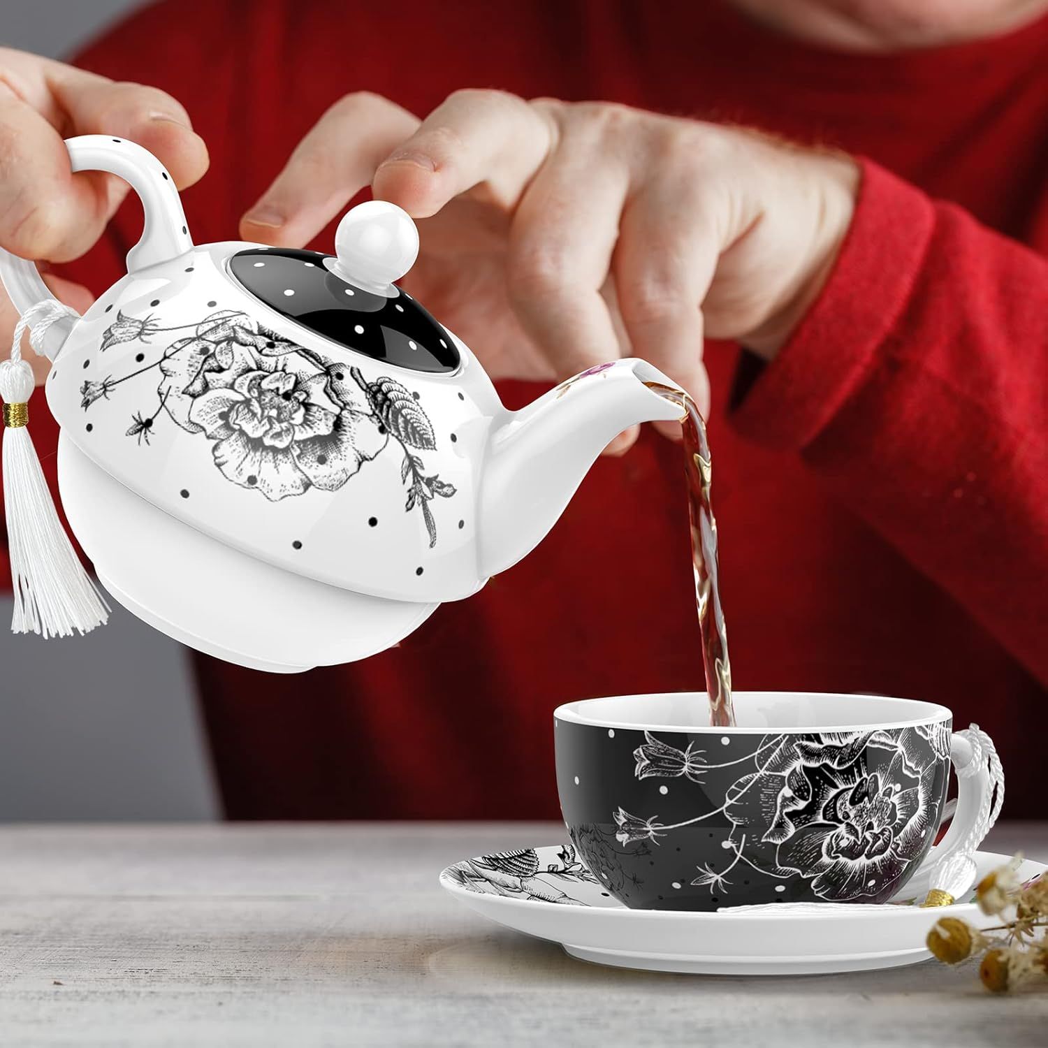 London Boutique - Théière, tasse et sous-tasse en porcelaine pour femme - Motif floral vintage - pour 1 personne - 350 ml (noir)