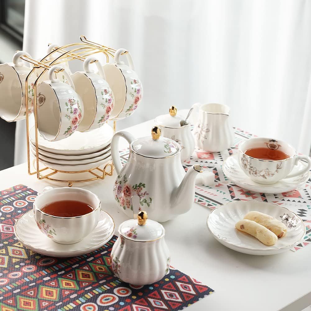 British Royal Series Service à thé en porcelaine avec tasses et soucoupe pour 6 personnes 225 ml avec théière, sucrier, pichet à crème, cuillères à café et passoire à thé