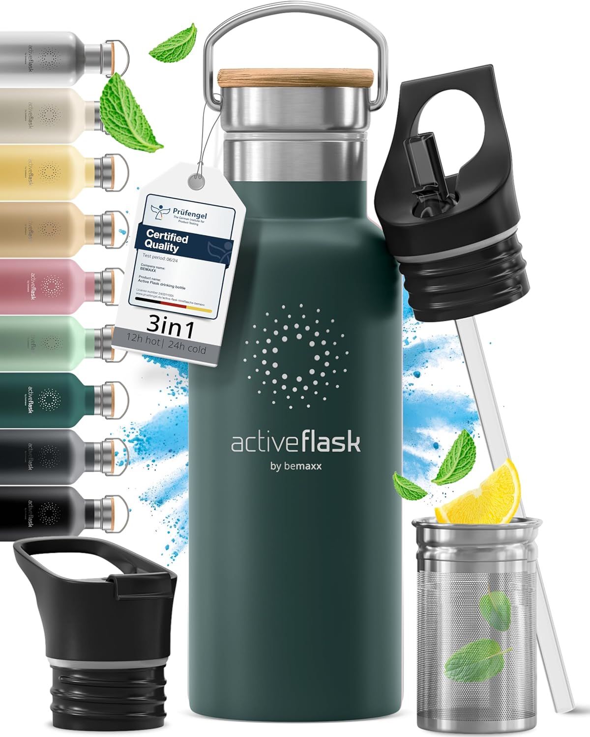 Gourde Inox Isotherme ACTIVE FLASK 1l/500ml sans BPA + Paille (3 Bouchons) | Bouteille d’eau Acier Inoxydable Isolée, Thermos Réutilisable | Camping Velo Sport Running Randonnée Enfant, Café The