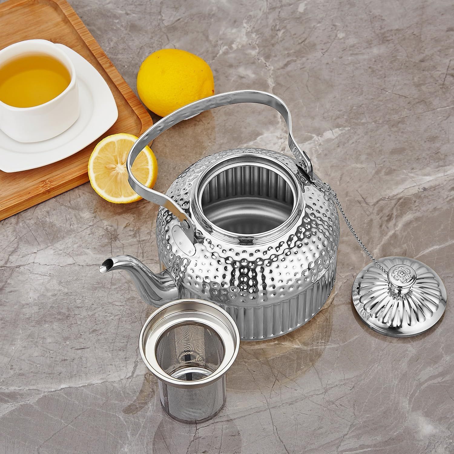 SANQIAHOME 1200ml Théière en acier inoxydable avec infuseur style rétro，argent