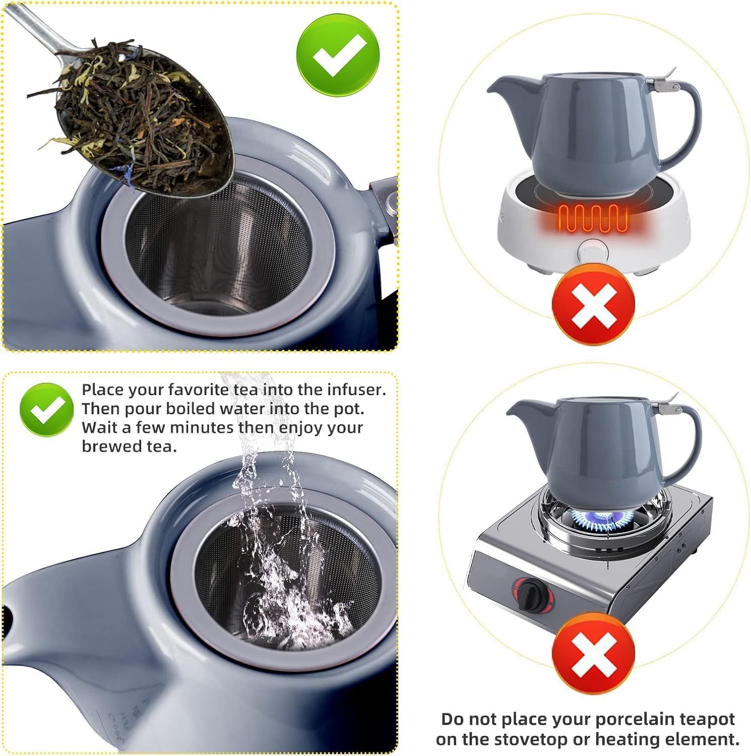 VIVILINEN Théière en Porcelaine avec Couvercles et Infuseur Amovible, Théière en Céramique de 1200 ml pour la Floraison du Thé