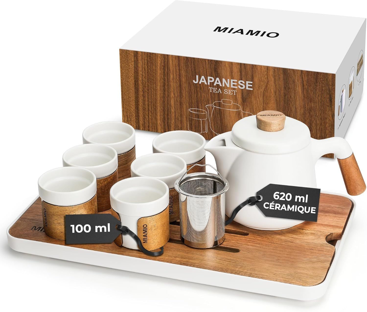 MIAMIO - Ensemble 6 x 100 ml de thé japonais/chinois/Théière asiatique 620 ml avec infuseur de thé, ensemble de tasses à thé japonaises traditionnelles pour les amateurs de th��/hommes/femmes