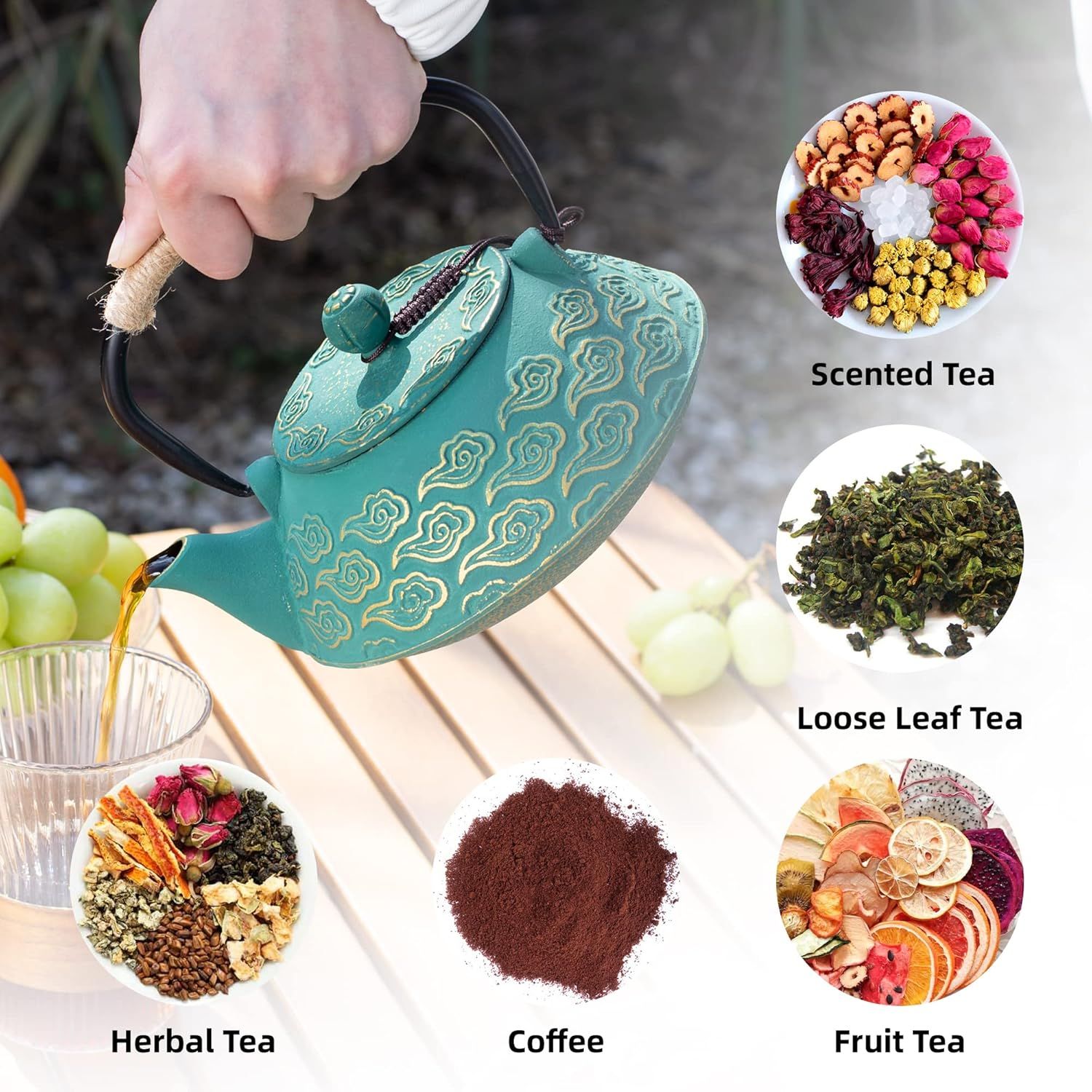 Théière en Fonte, Théière Japonaise avec Inspergraphe pour Feuille Libre, Bouilloire à Thé 800ml pour Cuisinière Enduite d’Intérieur émaillé, Motif Nuages, Vert