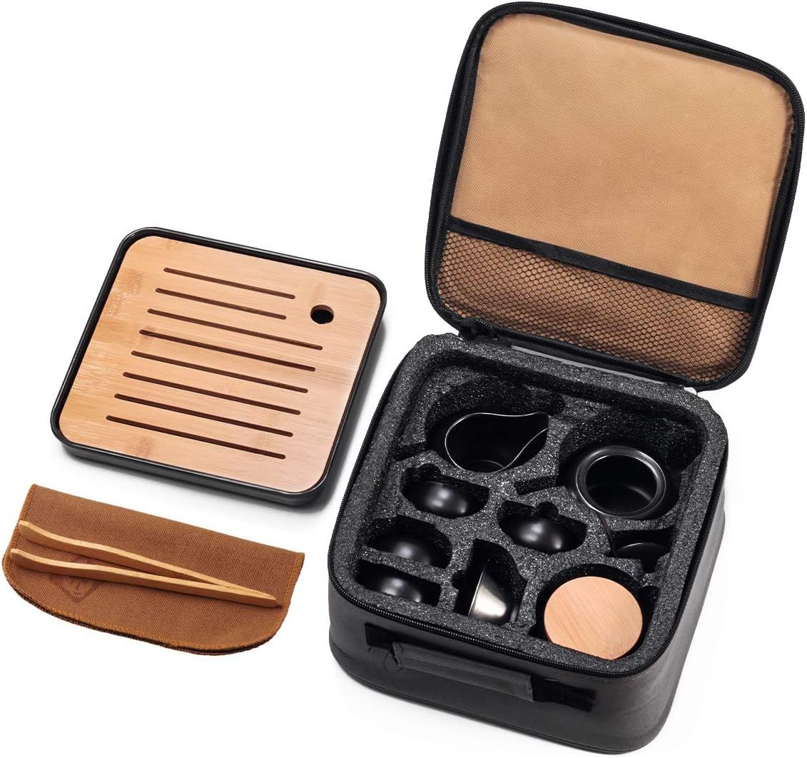 Théière chinoise avec plateau et infuseur - Théière portable en porcelaine - Sac tout-en-un - Pour extérieur, pique-nique, affaires, hôtel (noir)