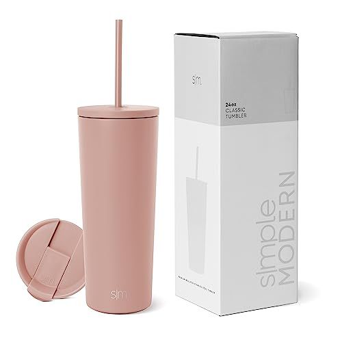 Simple Modern Verre Thermique avec Paille et Couvercle| Tasse à Café, Bouteille d'Eau Réutilisable en Acier Inoxydable | Cadeaux pour Femmes et Hommes | Classic Collection | 710ml | Mauve Me