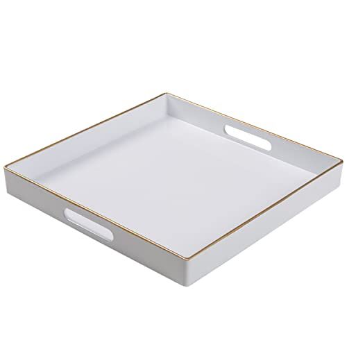 Plateau décoratif Blanc avec poignées, Plateau de Table Basse, Plateau carré en Plastique pour Ottoman, Salle de Bain, Cuisine, 33 x 33 x 4 cm