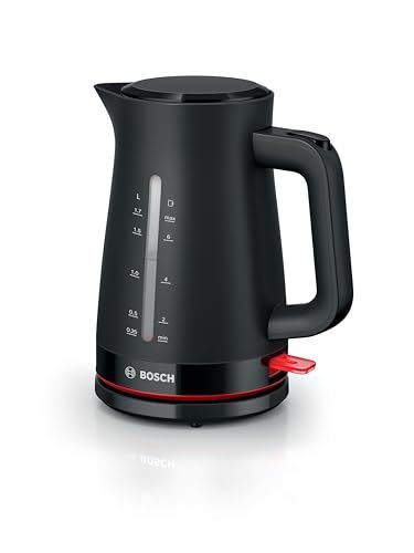 Bosch, bouilloire électrique, MyMoment, poignée ergonomique, grande ouverture, triple sécurité, filtre anti-calcaire, capacité 1,7 L, plastique de haute qualité, noir, TWK3M123