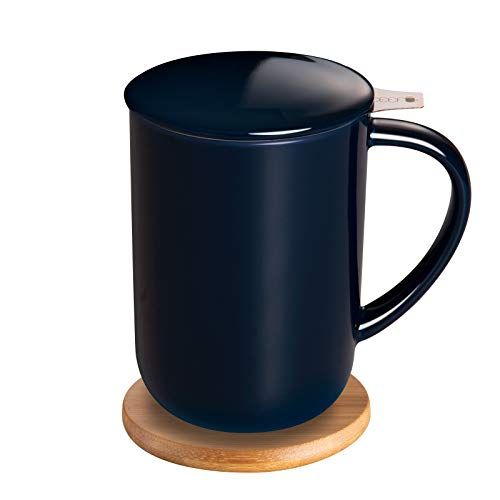 CEEFU Tasse à thé en porcelaine avec infuseur et couvercle, théière avec filtre et dessous de verre, tasse à thé en vrac, 473,6 g pour thé/café/lait/femme/bureau/maison/cadeau (bleu marine)