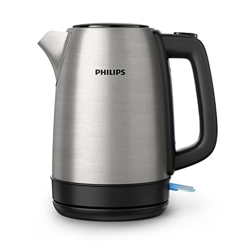 Philips Collection Daily Bouilloire Électrique en Inox - Capacité 1,7L, Résistance Plate pour Ébullition Rapide, Tamis Anti-Calcaire, Base 360° Sans Fil, Couvercle à Ressort (HD9350/90)