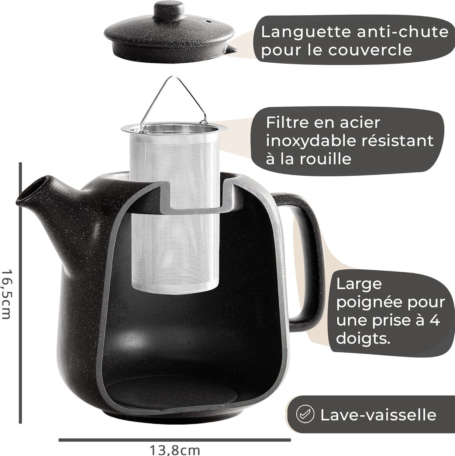 STEINZEIT Theiere avec infuseur design (1,3L) – Théière avec filtre en acier inoxydable 304 – Théière en céramique avec glaçure unique – Filtre amovible – noire