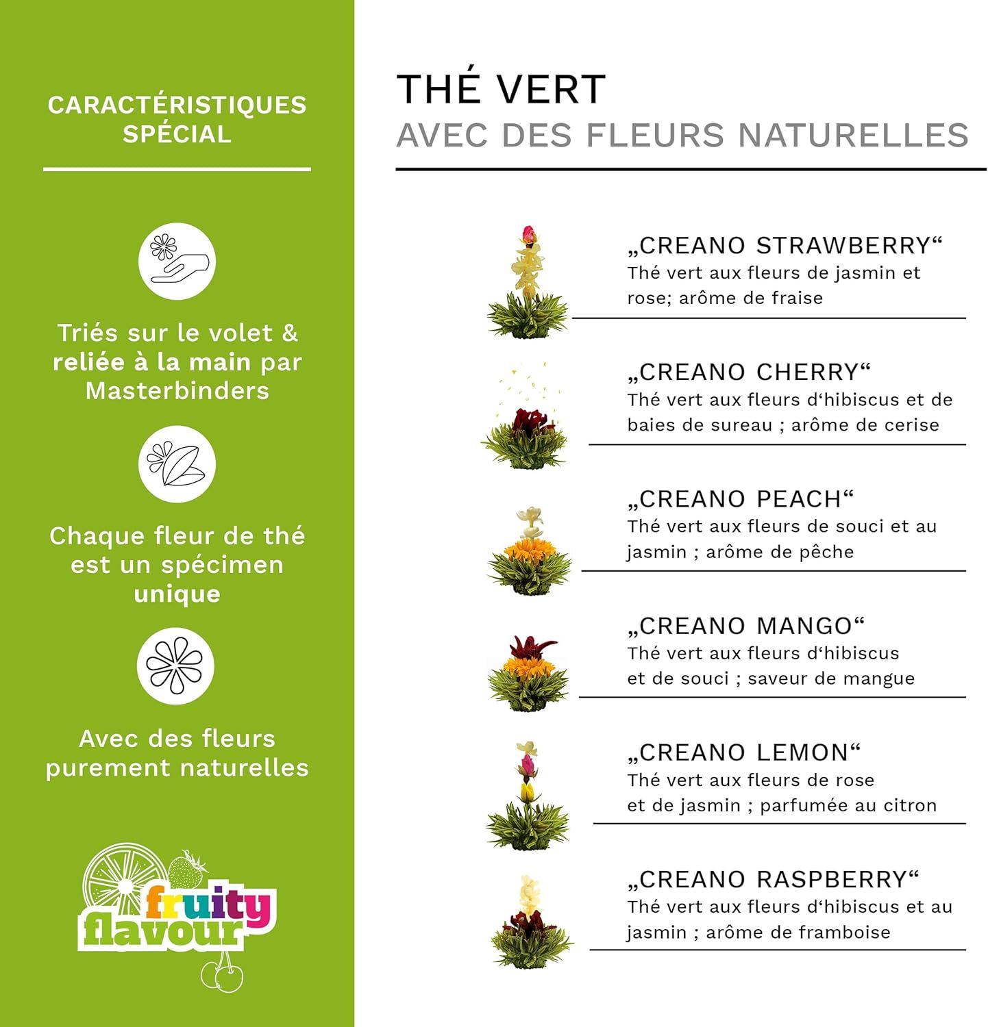 Creano „Fleurs de Thé“ Verts 6 pcs – Théière en Verre 500ml sans goutte – 6 variétés de thé vert aromatisé – Idée cadeau femme