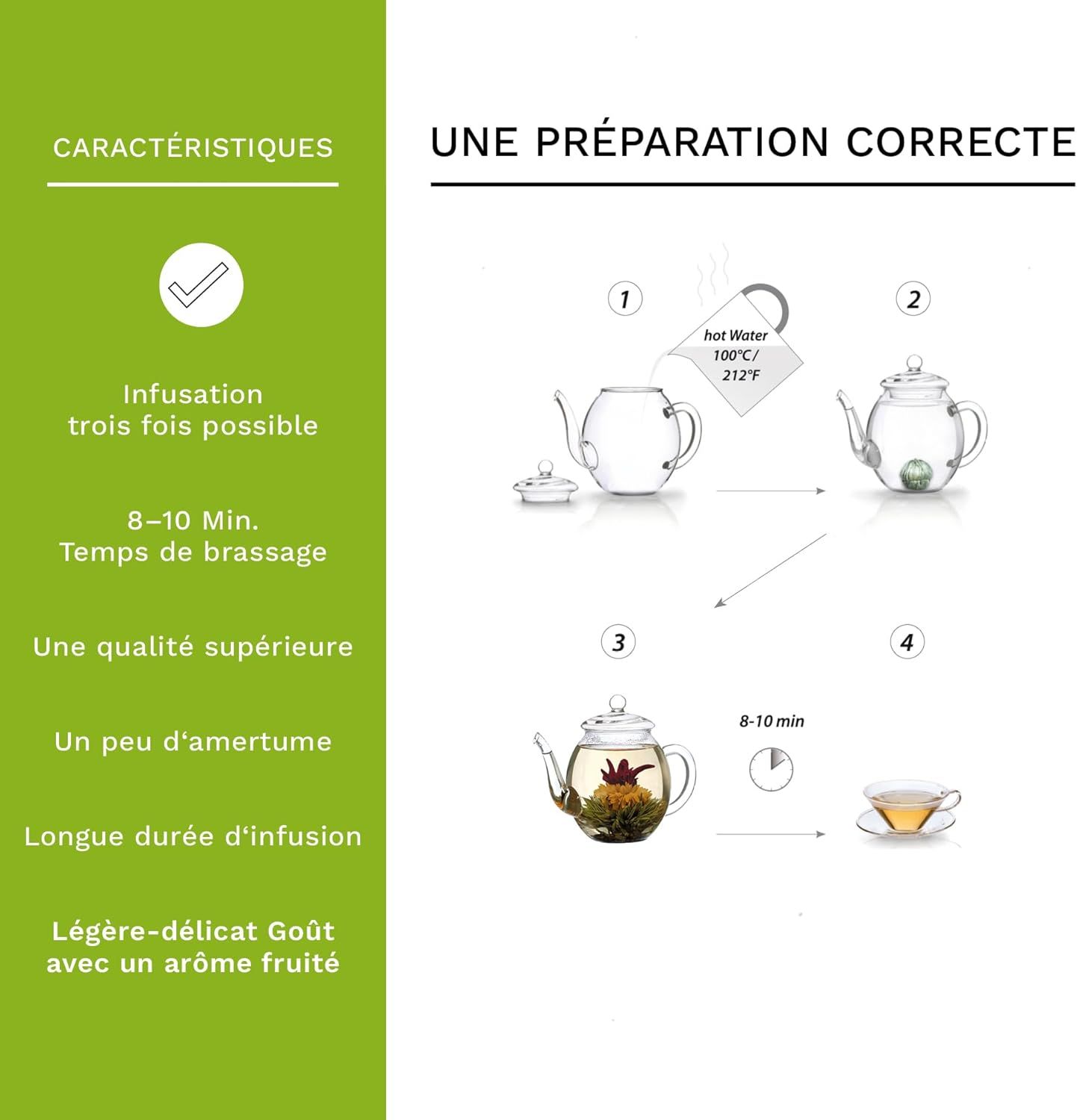 Creano „Fleurs de Thé“ Verts 6 pcs – Théière en Verre 500ml sans goutte – 6 variétés de thé vert aromatisé – Idée cadeau femme