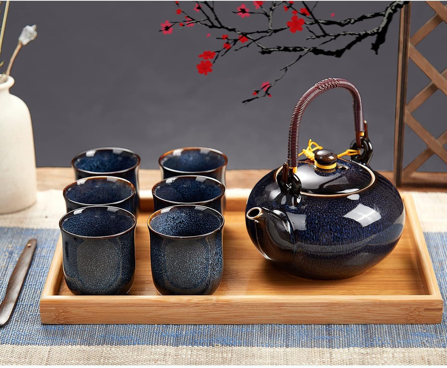 DUJUST Service à thé japonais - 8 pièces, service a the en porcelaine avec 1 théière, 6 tasses à thé et 1 plateau à thé, theiere porcelaine unique pour adultes, bleu foncé