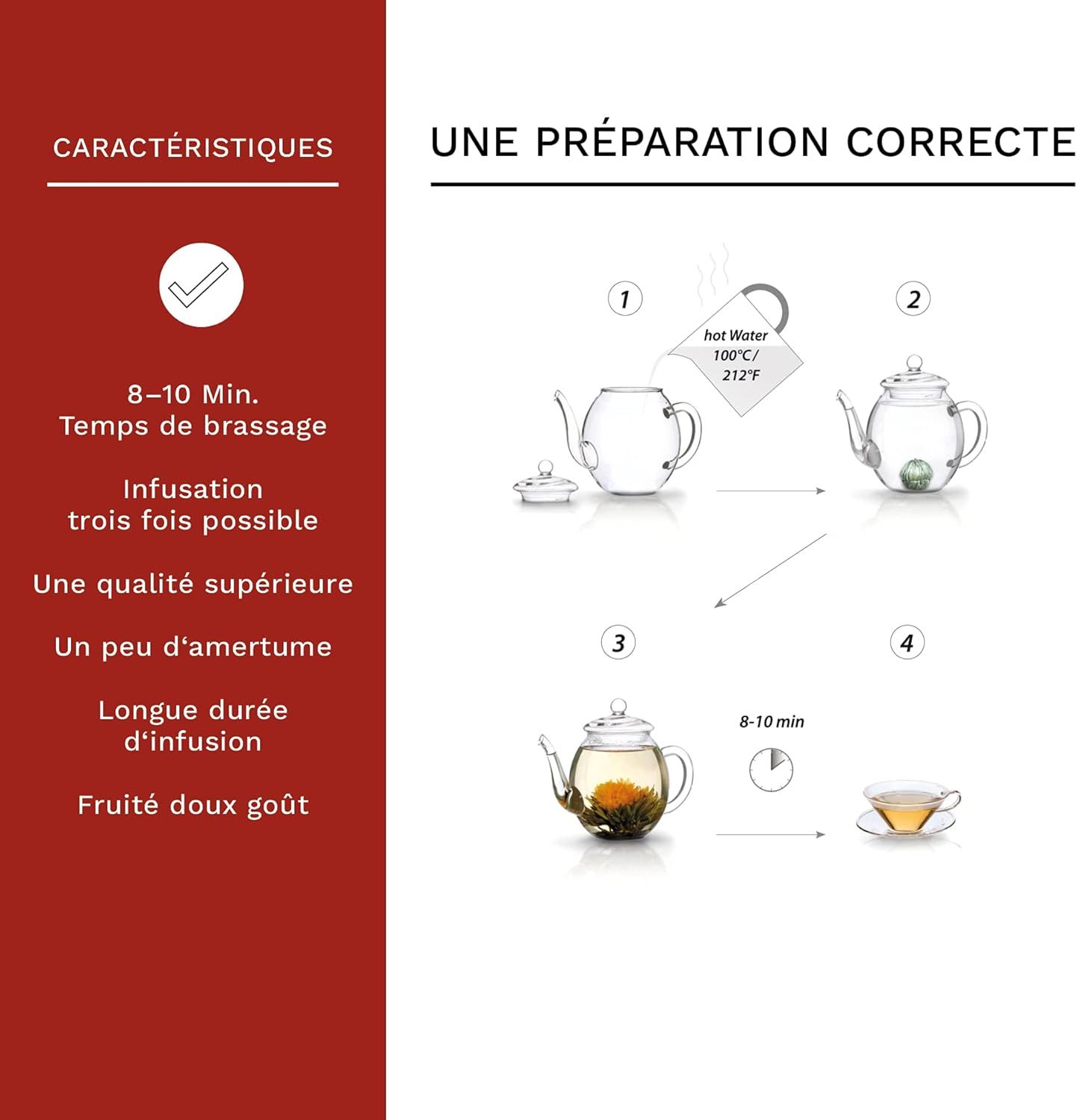 Creano Coffret „Thé en Floraison“ 6 thés de fleurs – Théière en verre 500ml sans goutte – 6 variétés de thé blanc – Idée cadeau exceptionnelle – Verre borosilicate