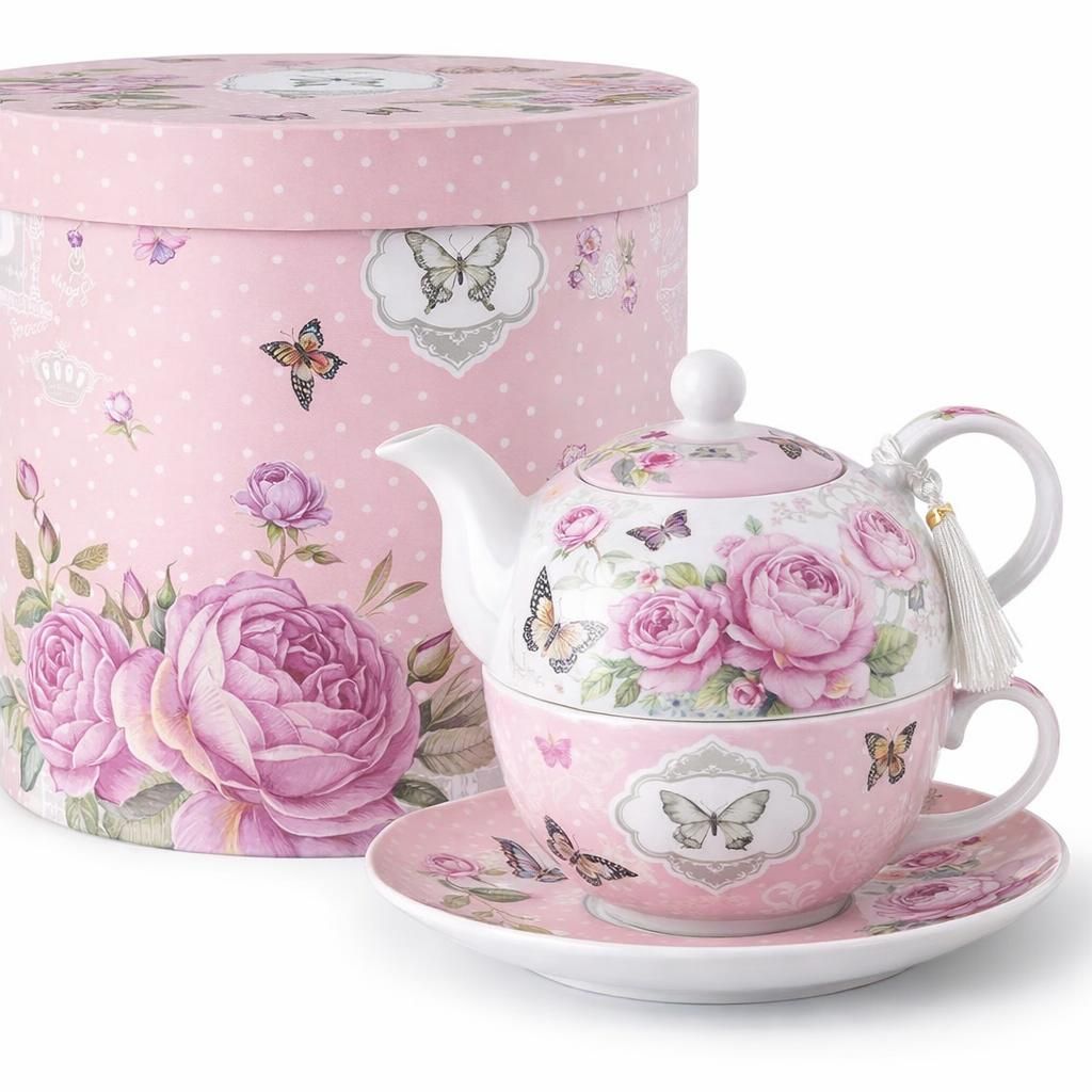 London Boutique Ensemble théière, tasse et soucoupe vintage en porcelaine pour 1 personne, motif floral avec rose et papillons, boîte-cadeau incluse
