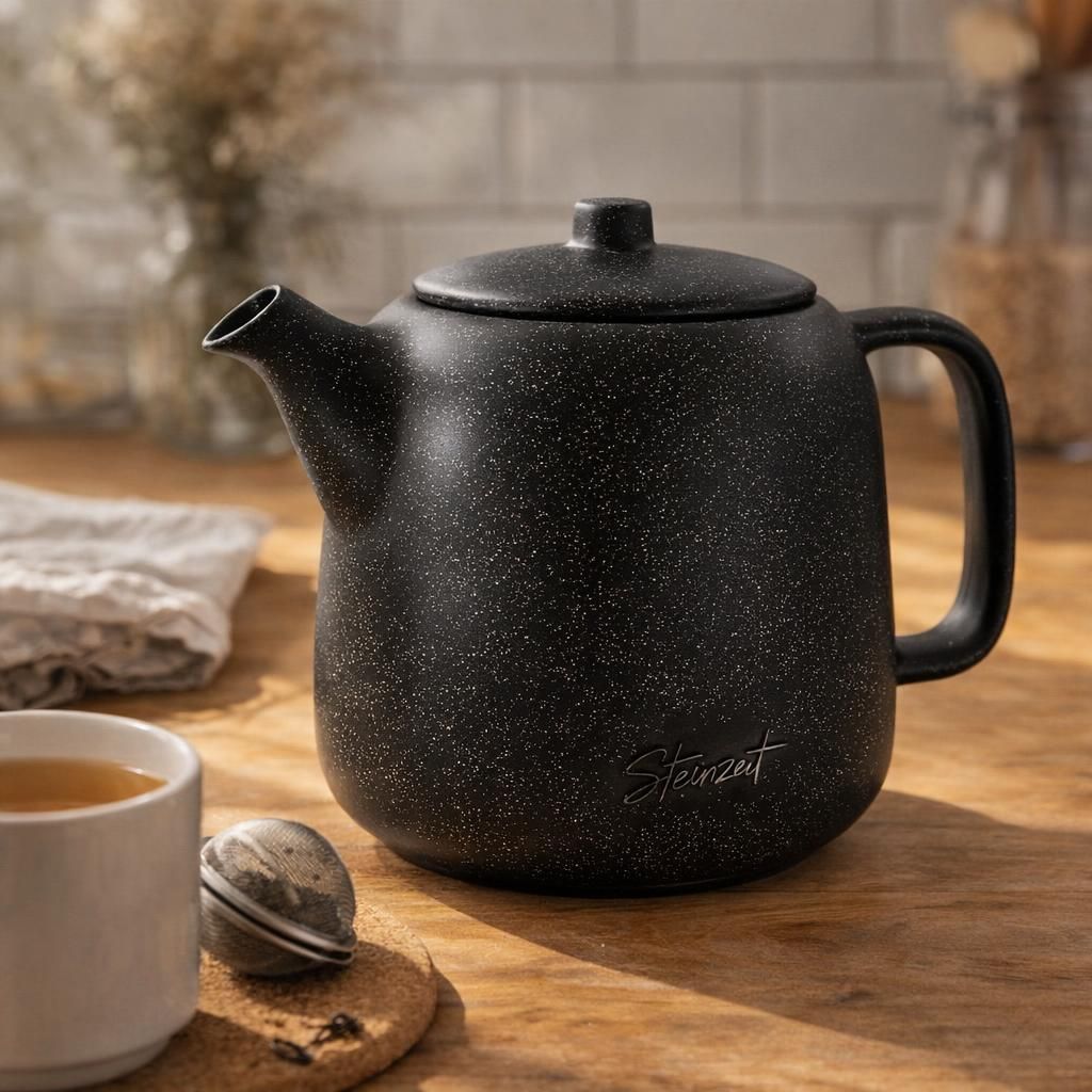 STEINZEIT Theiere avec infuseur design (1,3L) – Théière avec filtre en acier inoxydable 304 – Théière en céramique avec glaçure unique – Filtre amovible – noire