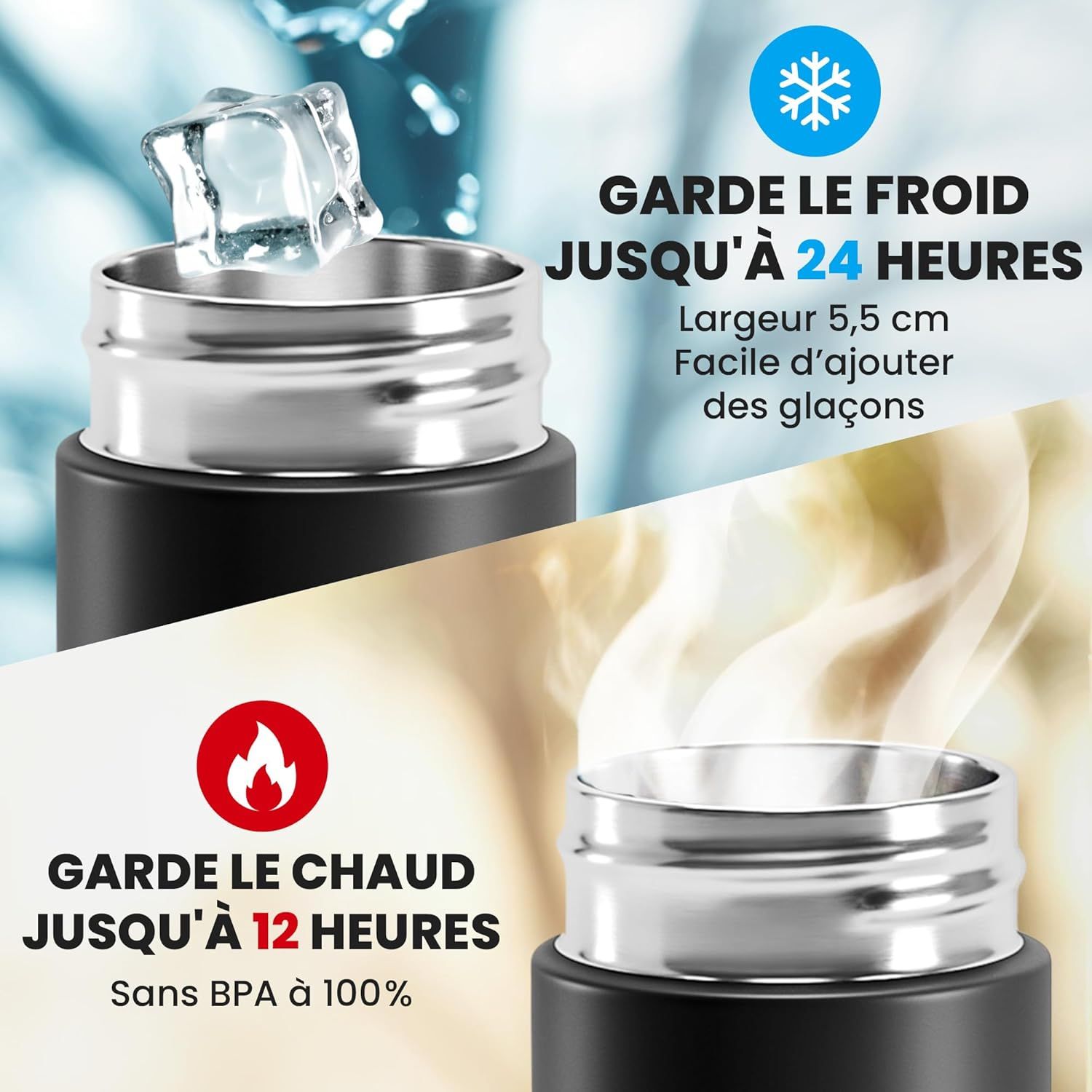 Bouteille d’eau isotherme à infusion thé & fruits + infuseur à fruit + passoire thé sans BPA | Thermos 450ml en acier inoxydable isolé sous vide | Gourde bureau extérieur école voyage sport – Noir