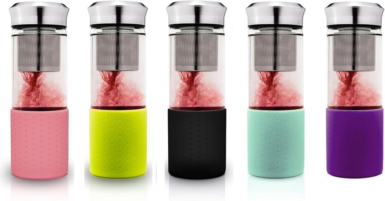 Creano „Teamaker“ 400ml – Théière Nomade & Bouteille à Thé en Verre avec Passoire Inox et Housse Néoprène – Bouteille Infuseur Étanche – Noir