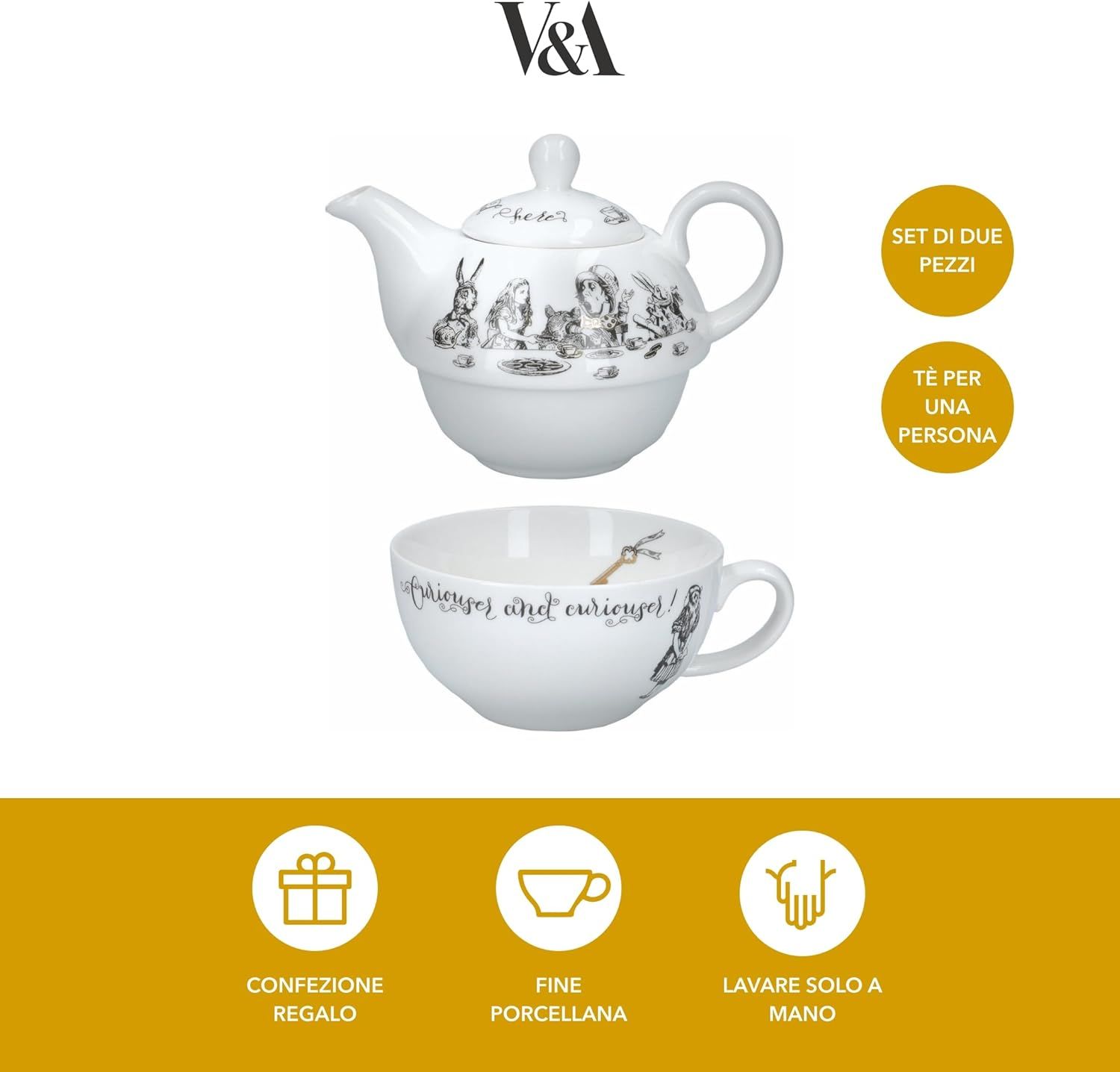 V&A Alice Au Pays Des Merveilles Théière Et Tasse Pour 1 Dans Un Coffret Cadeau, Service À Thé En Porcelaine Fine, Blanc, 250 Ml