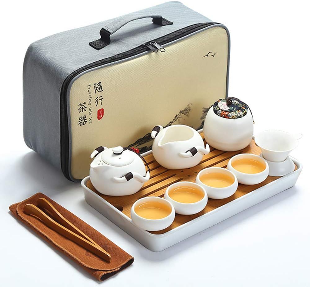 fanquare Portable Kungfu Service à Thé Chinois, Ensemble de Thé Kungfu Fait Main, Théière en Porcelaine, Tasses à Thé, Plateau à Thé en Bambou et Un Sac pour Voyage, Blanc