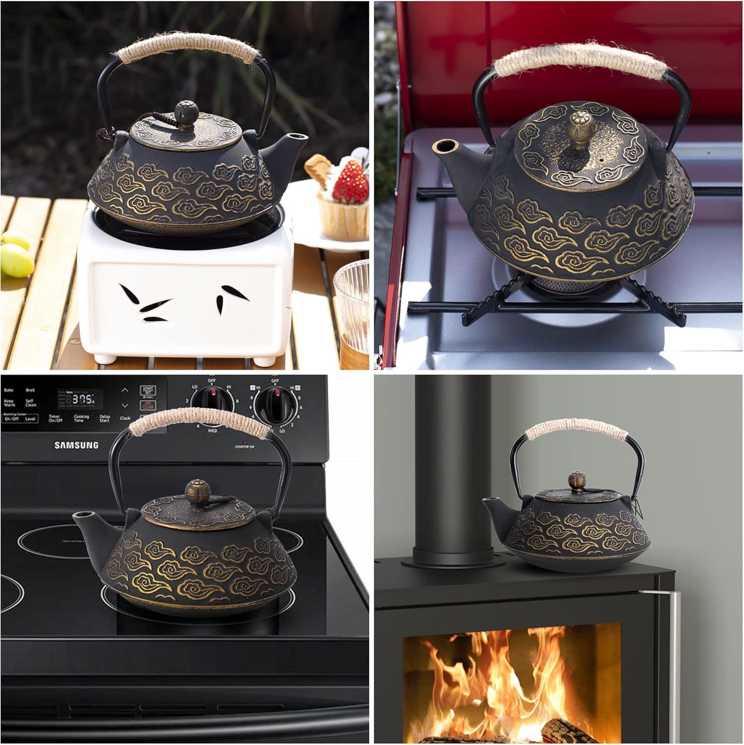 Théière en Fonte, Théière Japonaise avec Inspergraphe pour Feuille Libre, Bouilloire à Thé 800ml pour Cuisinière Enduite d’Intérieur émaillé, Motif Nuages, Noir