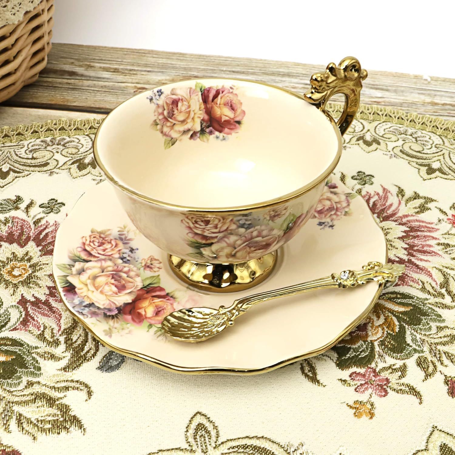 fanquare 15 Pièces Services à Thé de Mariage en Porcelaine Anglaise, Ensemble de Café de Fleurs Vintage, pour Adultes