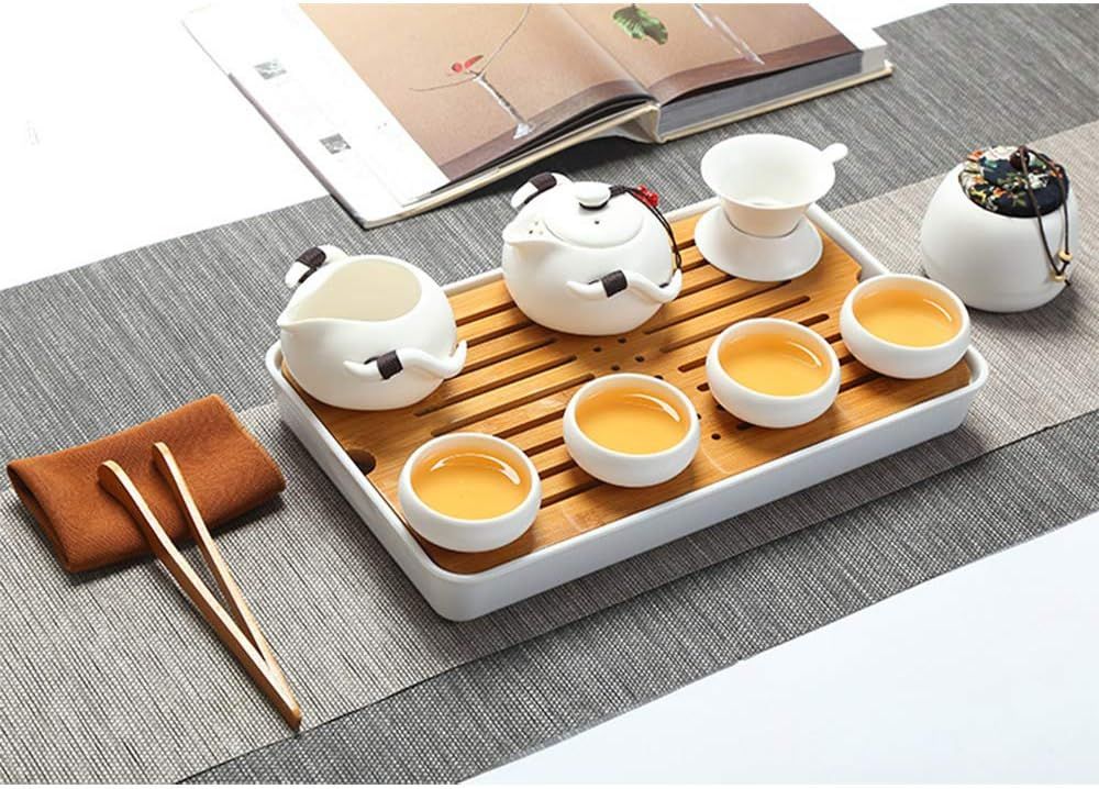 fanquare Portable Kungfu Service à Thé Chinois, Ensemble de Thé Kungfu Fait Main, Théière en Porcelaine, Tasses à Thé, Plateau à Thé en Bambou et Un Sac pour Voyage, Blanc