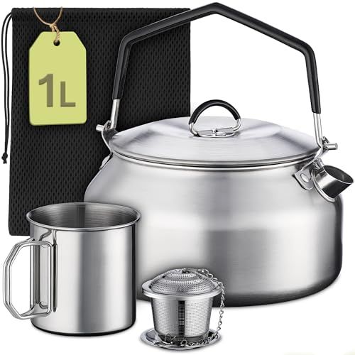 Praknu Bouilloire de camping 1 l en acier inoxydable - Bouilloire, gobelet, passoire à thé, sac - Empilable - Feu, cuisinière à gaz - Poignée en silicone résistante