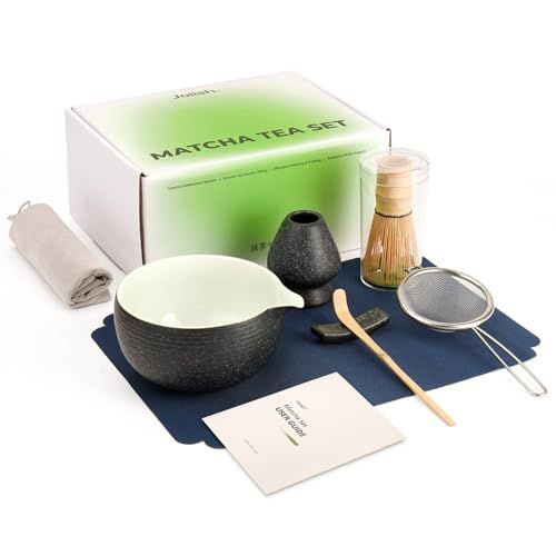 Joiish Kit Cérémonie du Thé Matcha, Complet Matcha Kit 7 Pièces, Bol Japonais Bec Verseur, Bambou Fouet (Chasen), Support, Cuillère, Tamis Inox et Accessoires - Idéal Cadeau (Marbre Noir)