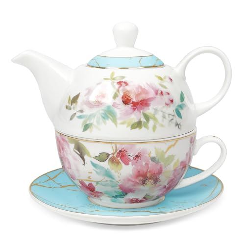 fanquare Rose Fleuri Service de Thé pour une Personne, Tasse de thé et Soucoupe Set avec bord doré, Porcelaine Café et Tasse Set pour cadeau, Bleu