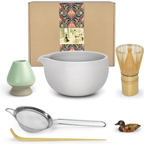 Artcome Kit de Cérémonie à Matcha Japonaise - Bol avec Bec Verseur, Fouet, Cuillère, Passoire - Service pour Usucha, Koicha et Latte