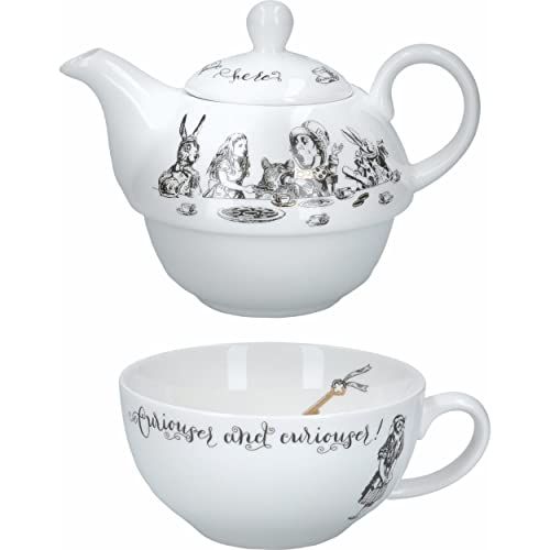 V&A Alice Au Pays Des Merveilles Théière Et Tasse Pour 1 Dans Un Coffret Cadeau, Service À Thé En Porcelaine Fine, Blanc, 250 Ml