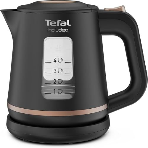 Tefal Bouilloire électrique 1 L, Ébullition rapide, Filtre anticalcaire amovible, Poignée ergonomique, 2 fenêtres niveau d’eau, Base à 360°, Includeo, Noire, KI533811