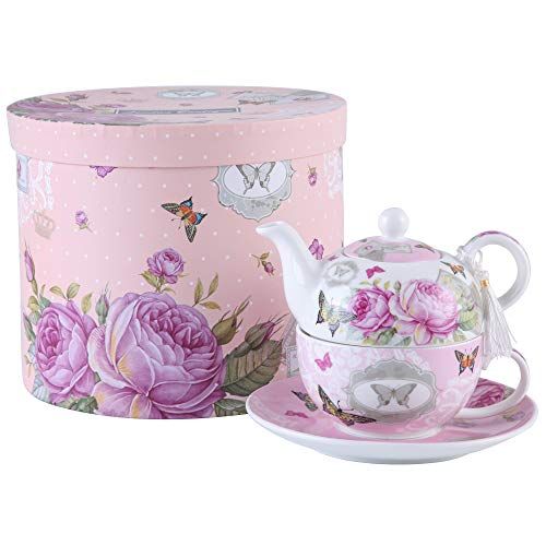 London Boutique Ensemble théière, tasse et soucoupe vintage en porcelaine pour 1 personne, motif floral avec rose et papillons, boîte-cadeau incluse