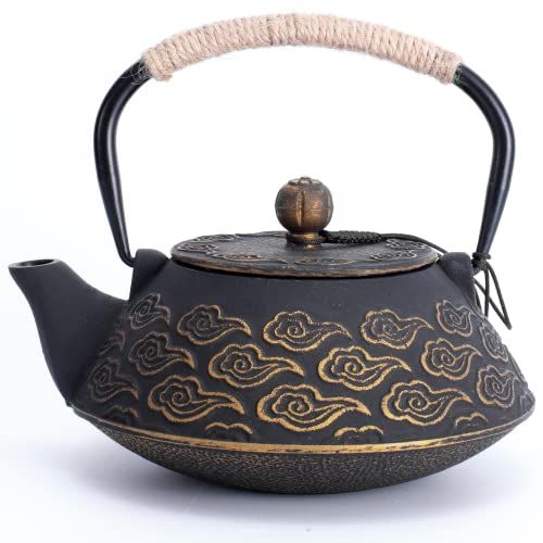 MILVBUSISS Théière en Fonte, Théière Japonaise avec Inspergraphe pour Feuille Libre, Bouilloire à Thé 800ml pour Cuisinière Enduite d’Intérieur émaillé, Motif Nuages, Noir
