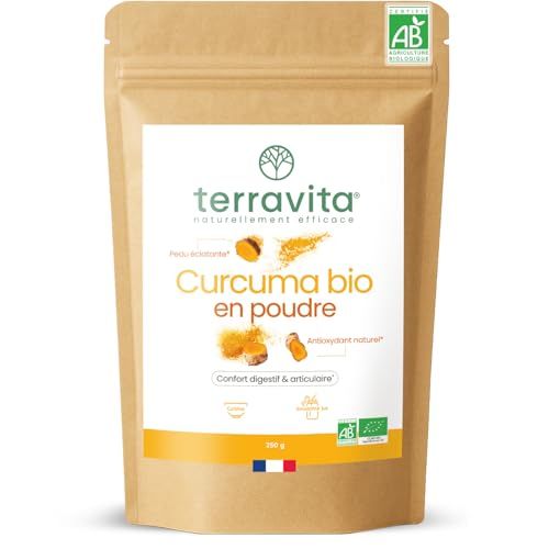 Curcuma BIO Premium en Poudre 250g | Jusqu’à 5% de Curcumine | Articulations, Mobilité, Digestion, Peau | Sans Gingembre, Sans Pipérine Ni Poivre Noir | Pas en Gélules | Terravita