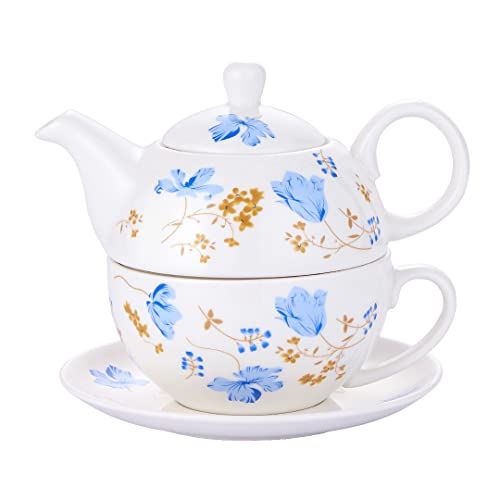 CHILDIKE Tea for One - Théière et tasse en porcelaine - Service à thé pour une personne - Motif floral - Cadeau pour femme - Orchidées