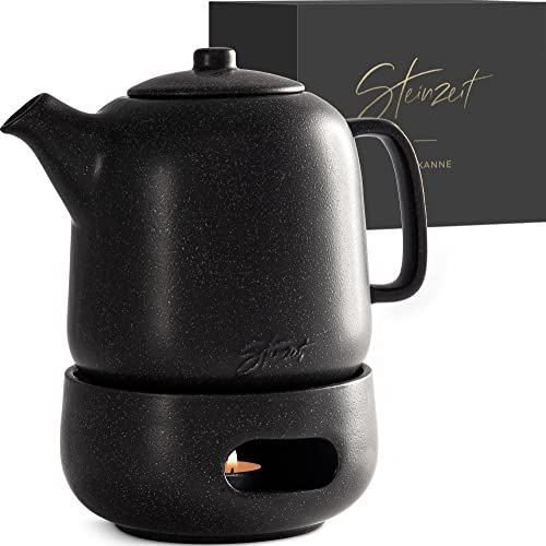 STEINZEIT Théière design avec réchaud (1,3 l) - Avec infuseur en acier inoxydable 304 - Céramique avec vernis unique avec passoire amovible - Noire