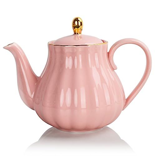 Sweejar Home Théière en porcelaine avec infuseur et couvercle, 890 ml avec filtre pour thé/café/lait/femme/bureau/maison/cadeau (forme de citrouille, rose1)