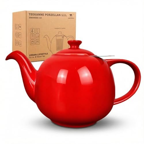 URBAN LIFESTYE Théière avec infuseur 1,1 L en porcelaine rouge Théière anti-goutte Infuseur intégré pour thé loose (Swansea)