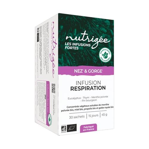 NUTRIGÉE - Infusion Respiration - Apaise - Voies Respiratoires & Défenses Naturelles - Thym, Eucalyptus, Miel bio, Menthe poivrée bio - Riche En Concentrés Végétaux Solubles - 30 Sachets