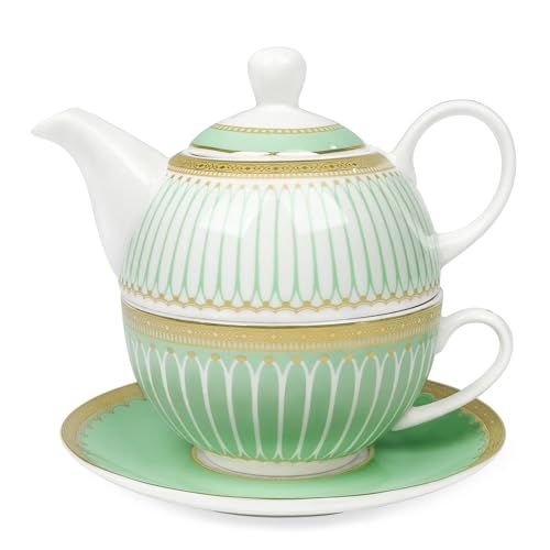 fanquare Service de Thé pour Une Personne avec Bord Doré, Ensemble de Théières Vertes pour Adultes, Tasse à Café en Céramique avec Soucoupe, Classique Rayé
