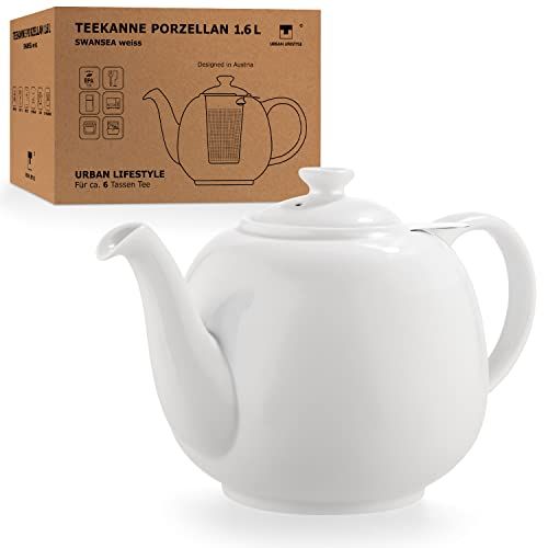 Urban Lifestyle Théière avec infuseur 1,6L en porcelaine Théière anti-goutte Infuseur intégré pour thé loose (Blanc)