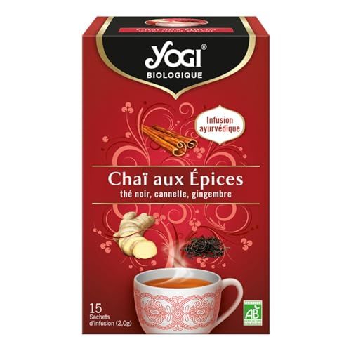 YOGI Biologique Chaï aux Épices, Infusion 100 pourcent Bio au Thé Noir, Cannelle et Gingembre, 15 sachets thermosoudés et sans agrafe, 30 g, 310016