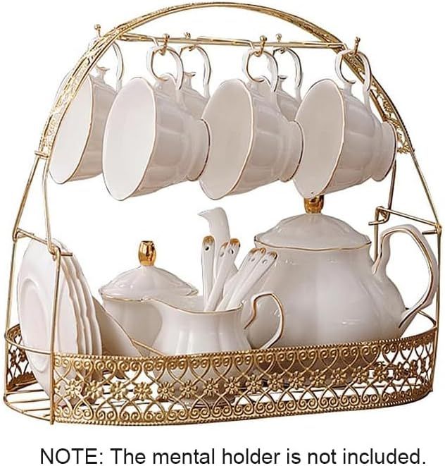 fanquare 15 Pièces Service à Thé Simple en Céramique Anglaise Blanche, Théière, Tasses en Porcelaine Osseuse pour Adultes, Cuillères Assorties, Service à Thé de L'Après-Midi Service à Café