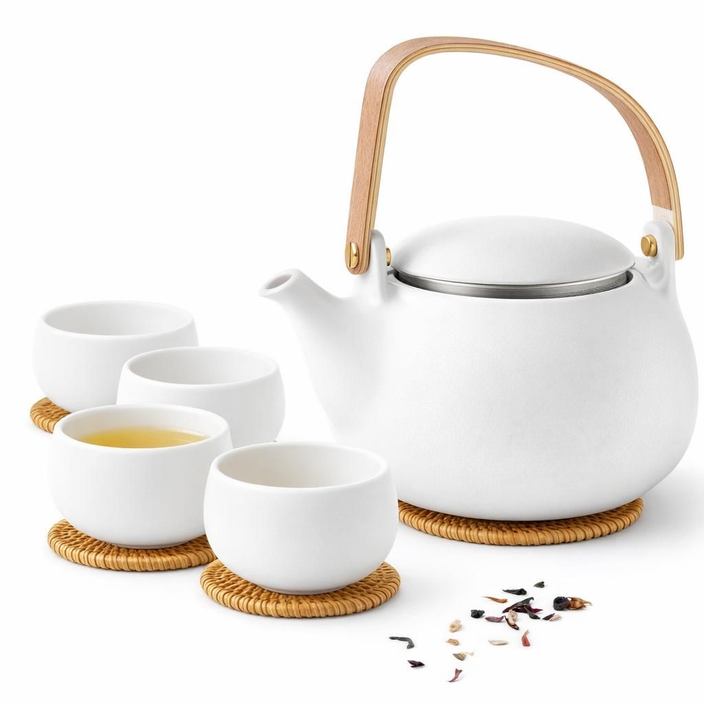 ZENS Theiere avec infuseur, Théière en japonaise avec 4 tasse pour le thé en vrac, blanc céramique Théière avec filtre en acier inoxydable 304 pour les fleurs Thé, manche en bois moderne