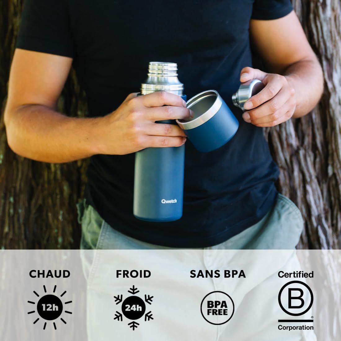 Qwetch - Thermo Isotherme Anémones Terracotta 750ml - Thermo avec Gobelet Inox Recyclé - 24h Froid et 12h Chaud - Etanche & Idéale pour Café et Thé